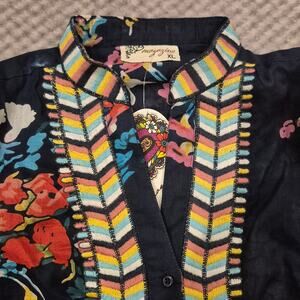 Magazine Embroidered Button Shirt XL Navy V-Neck Long Sleeve Roll Tab Sheer Boho